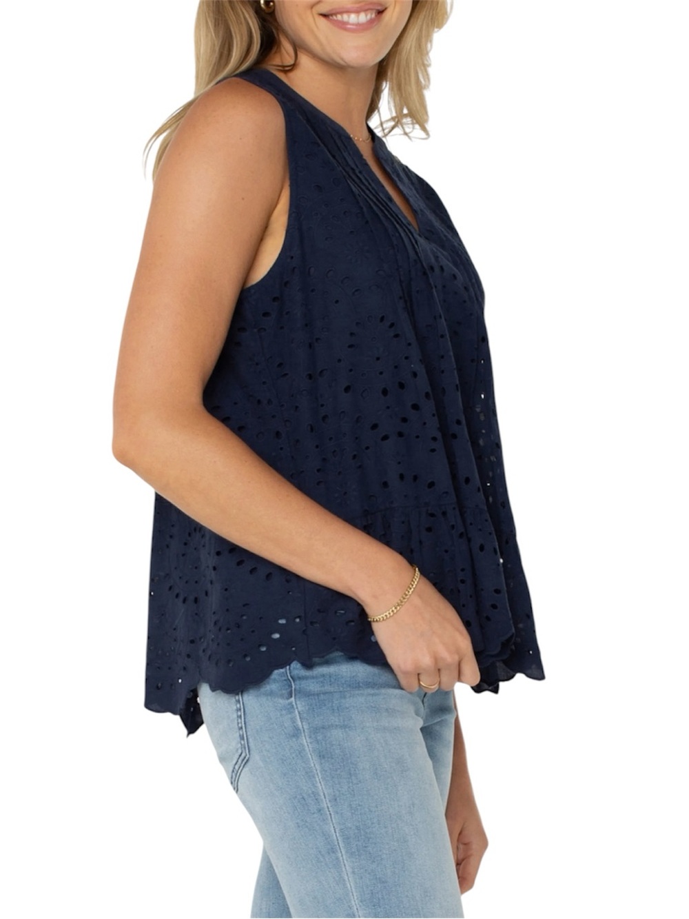 NWT Liverpool Los Angeles Sleeveless Pintuck Eyelet Top Navy Blue XL - Picture 3 of 9